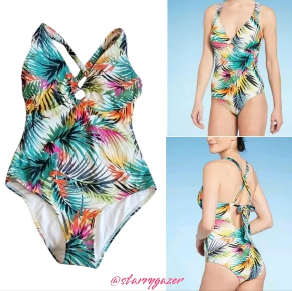 Shade & Shore Plunge Neck Tropical Swimsuit - Picture 1 of 10